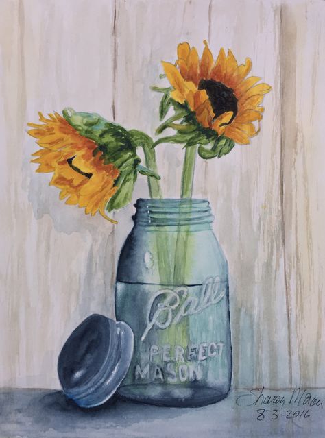 Mason Jar Painting Ideas On Canvas, How To Paint A Mason Jar On Canvas, Painting Of A Mason Jar, Mason Jar Watercolor, Mason Jar Watercolor Painting, Sunflower Mason Jar Painting, Flowers In A Jar Painting, Jar Drawing, Flowers In Mason Jars Drawing