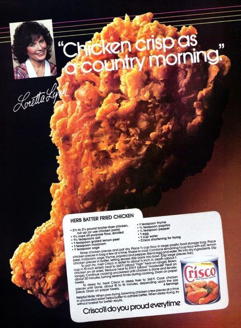 Herb batter fried chicken recipe from 1985 #friedchicken #chickenrecipes #vintagerecipes #clickamericana #chicken #dinnerrecipes Crisco Fried Chicken Recipe, Crisco Fried Chicken, Batter Fried Chicken, Chicken Crisps, Crisco Recipes, Ranch Chicken Recipes, Celebrity Recipes, Fried Chicken Recipe, Loretta Lynn