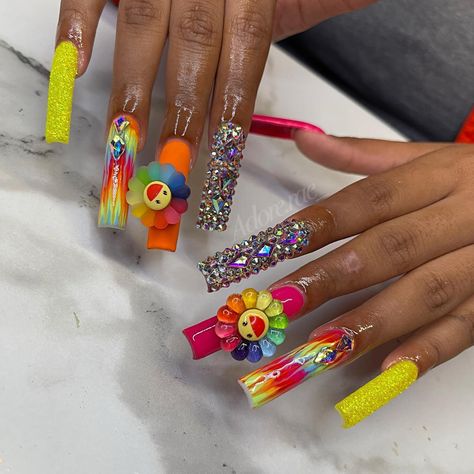 Nails With Rhinestones, Funky Nail Designs, Rainbow Nails Design, Rainbow Nail Art, Nails Neon, Rainbow Nail, Junk Nails, Gel Toe Nails, Finger Nail Art