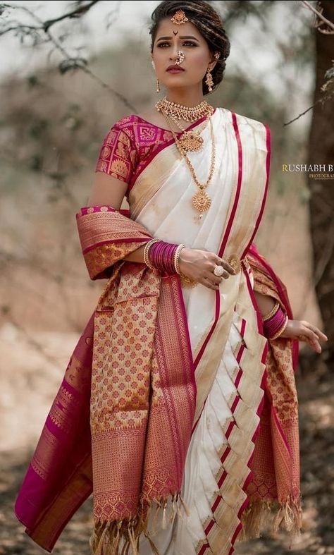 White Nauvari Saree Bride, White Nauvari Saree, Buddhist Bride In White Saree, Buddhist Bride, Buddhist Wedding Dress, White Saree Wedding, Marathi Mulgi, Maharashtrian Bride, Saree Pic