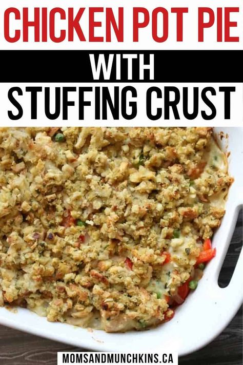 Easy Meal - Chicken Pot Pie with Stuffing Crust! I make this casserole a few times a month because the family loves it and it is such an easy dinner to make. If you love Chicken pot pie than you will enjoy the Chicken Pot Pie with Stuffing Crust topping. Chicken Pot Pie With Stuffing, Stuffing Crust, Stove Top Stuffing, Chicken Pot Pie Casserole, Recipetin Eats, Cheap Healthy Meals, Pot Pies Recipes, Chicken Pot Pie Recipes, Easy Casserole Recipes