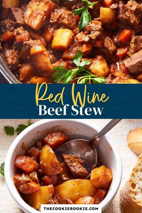 Dutch Oven Beef Stew with Red Wine Recipe - The Cookie Rookie® Wine Beef Stew, Red Wine Beef Stew, Dutch Oven Beef Stew, Beef Stew Stove Top, Rich Beef Stew, Oven Beef Stew, Dutch Oven Beef, Red Wine Beef, Hearty Beef Stew