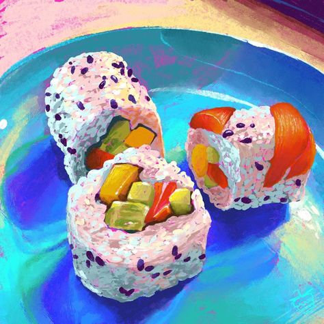 Sushi Painting, Apple Pencil Art, Ipad Painting, Still Life Artists, Homemade Sushi, Food Artwork, Rainbow Painting, Drawings Ideas, Very Berry