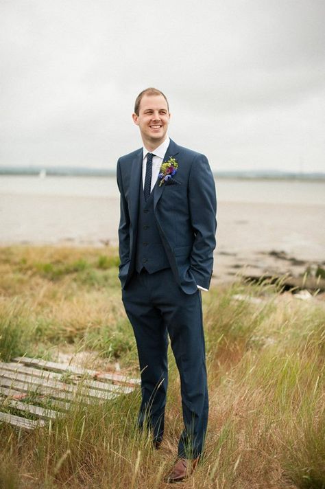 Lovely, simple, tailored dark blue wedding suit. Dark Blue Wedding Suit, Dark Blue Suit Wedding, Blue Wedding Suit, Norfolk Wedding, Dark Blue Wedding, North Norfolk, Dapper Suits, Dark Blue Suit, Wedding Wardrobe