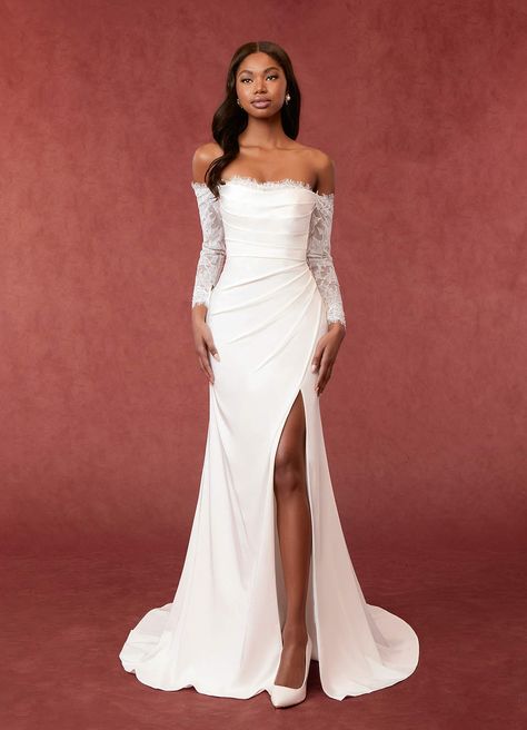 Azazie Onyx Wedding Dress Wedding Dresses | Azazie Long Waist Wedding Dress, Wedding Dress Fitted Simple, Fitted Winter Wedding Dress, Sleek Wedding Dress With Sleeves, Off The Shoulder Wedding Dress With Sleeves, Wedding Dress Styles For Short Women, Azazie Wedding Dresses, Wedding Dress Sleeves Lace, Wedding Dresses Square Neckline