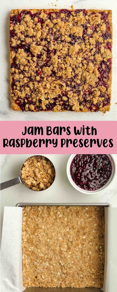 These Jam Bars with Raspberry Preserves require only one bowl to prepare. They feature a basic jam layer sandwiched between two layers of oatmeal crumble. Whether you enjoy them for breakfast, as a snack, or as dessert, they're a delightful treat for any time of day! Recipes Using Raspberry Preserves, Gluten Free Jam Bars, Raspberry Preserves Desserts, Recipes With Raspberry Jam, Raspberry Jam Desserts, Raspberry Jam Bars, Oatmeal Jam Bars, Recipe Using Jam, Jam Bar