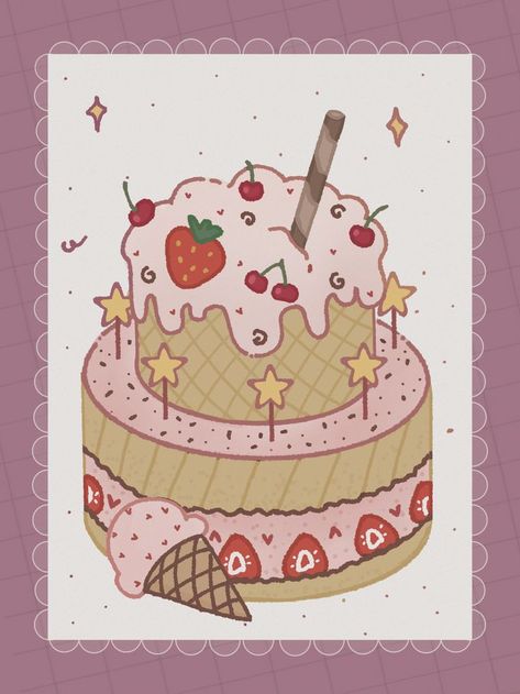 Cake Drawings Aesthetic, Cute Cake Drawing Easy, Baking Pose Reference Drawing, Kawaii Cake Drawings, Anime Cake Drawing, Cake Drawing Reference, Bday Cake Drawing, Drawing Of Cake, Birthday Cake Drawing Aesthetic