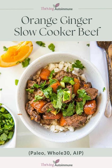 A delicious Asian take on slow cooker beef stew, this Orange Ginger Beef recipe is comforting and incredibly flavorful. It's SO much more fun than carrots and potatoes. Paleo, Whole30, and AIP Ginger Beef Recipe, Paleo Beef Recipes, Ginger Beef, Slow Cooker Beef Stew, Beef Stew Meat, Carrots And Potatoes, Paleo Lunch, Aip Recipes, Beef Recipe