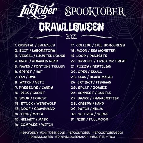 October List Draw, 1 Month Art Challenge, Month Drawings October, Spooktober Prompts, Spooktober Art Challenge, Ink Tober Prompts, October Art Challenge, Art Prompts Challenges, Tober Prompts