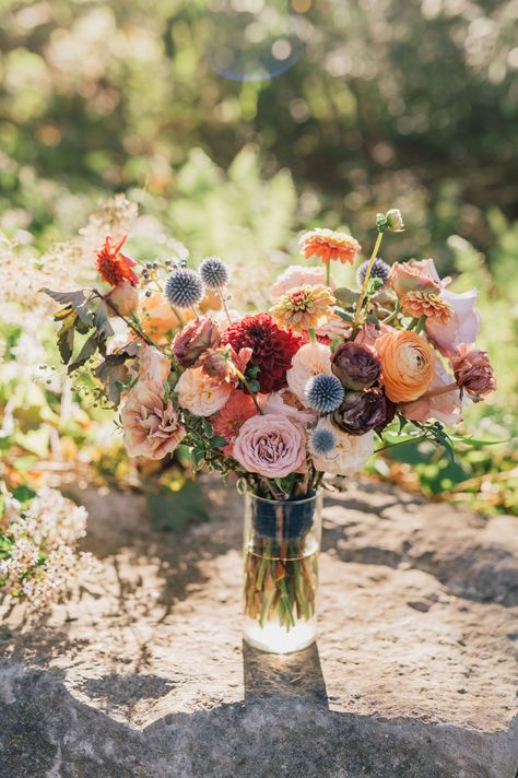 Fall bridal bouquet with local wildflowers. Timeless fall wedding colors for outdoor wedding in September with touches of gold. Fall floral colors with touches of pink, golden yellow, blue, and burgundy. Fall wildflowers for outdoor wedding in Tennessee. Local fall flowers of zinnias, dahlias, and roses for fall wedding. Design by Rosemary & Finch Floral Design in Nashville, TN Early Autumn Wedding Colors, Fall Wedding Spring Colors, Whimsical Fall Wedding Flowers, Fall Wildflowers Wedding, Rustic Fall Wedding Florals, Fall Wedding Flowers With Blue, Late Summer Garden Wedding, Wildflower Fall Wedding Bouquet, Wildflower Bridal Bouquet Fall