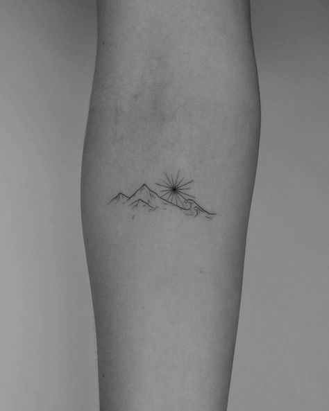 Mountain tattoo done in fine line, located on the inner Under Elbow Tattoos For Women, Fine Line Nature Tattoo, Inner Tattoo, Norway Tattoo, Moutain Tattoos, Above Elbow Tattoo, Inner Elbow Tattoos, Small Mountain Tattoo, Berg Tattoo