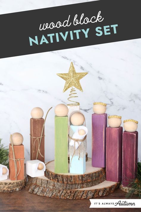 Wood block nativity set. Wooden Block Nativity Set, Recycled Nativity Scene, Wooden Block People Diy, How To Make Wood Block Family, Wood Block Manger Scene, Simple Wood Nativity, Block Of Wood Crafts Diy, Block Nativity Diy, Scrap Wood Nativity