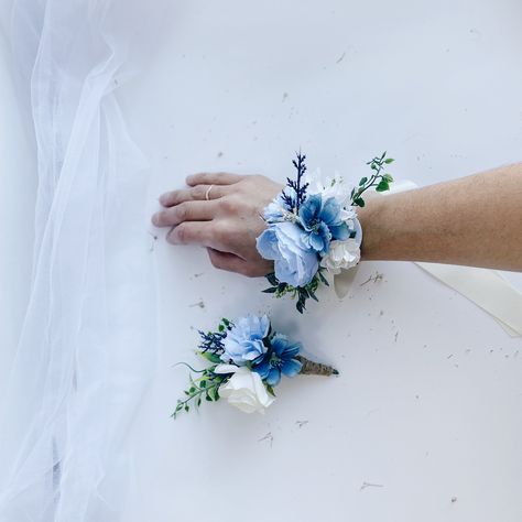 Dusty Blue Corsage, Prom Corsage Blue, Boutonniere And Corsage, Corsage Wristlet, Prom Flowers Corsage, Blue Corsage, Floral Boutonniere, White Corsage, Prom Corsage And Boutonniere