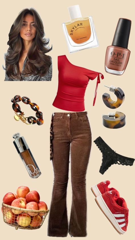 #corduroy #Pants #Red #Perfume #Adidas #Dior #LipGloss#Tortoiseshell #bracelet #NailPolish #opi Red Corduroy Pants Outfit, Red Corduroy Pants, Dior Lipgloss, Corduroy Pants Outfit, Apple Picking Outfit, Red Perfume, Apple Picking, Outfit Inspo Fall, Corduroy Pants