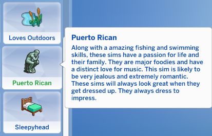 Puerto Rican Trait Sims 4 Puerto Rican Cc, Extra Traits Sims 4, Xureila Sims 4 Cc, More Traits Sims 4, Sims 4 More Traits Slots, Sims 4 Extra Traits Mod, Sims Traits, Sims 4 Couple Poses, Sims 4 Cheats