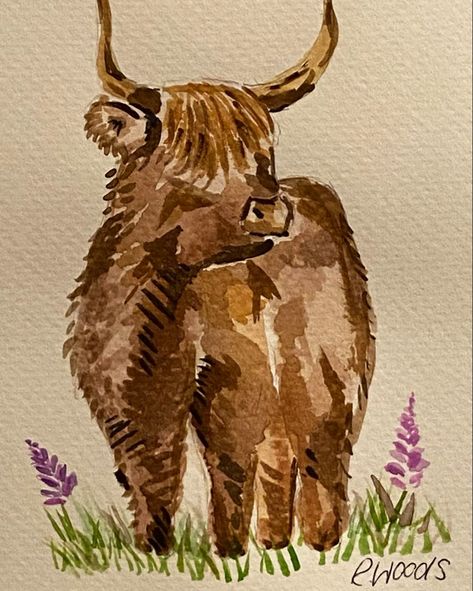 Watercolour Watercolor Cows Painting, Hyland Cow Painting, Watercolour Highland Cow, Cow Oil Pastel, Fluffy Cow Painting, Highland Cow Painting Easy, Highland Cow Drawing, Highland Cow Watercolour, Watercolour Cow