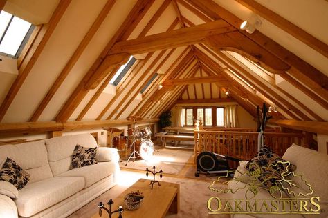 Oak Garages & Outbuildings - 917: Timber garage. Interior of a studio on top of an oak garage with stunning oak framed ceiling. Framed Ceiling, Garage With Room Above, Oak Garage, Timber Frame Garage, Garage Extension, Mezzanine Bed, Room Above Garage, Timber Garage, Barn Loft