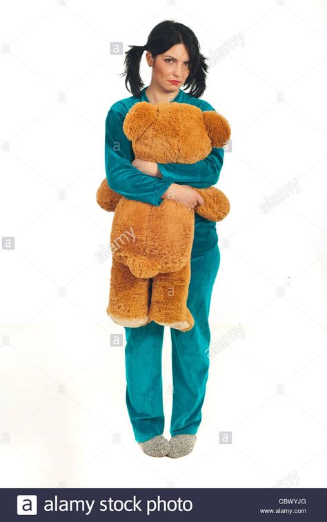 Full length of sad woman in pajamas holding big teddy bear isolated on white background Stock Photo Teddy Bear Hug, Big Teddy Bear, Big Teddy, Body Reference Poses, Bear Hug, Body Reference, Anime Eyes, Art Poses, Life Photo