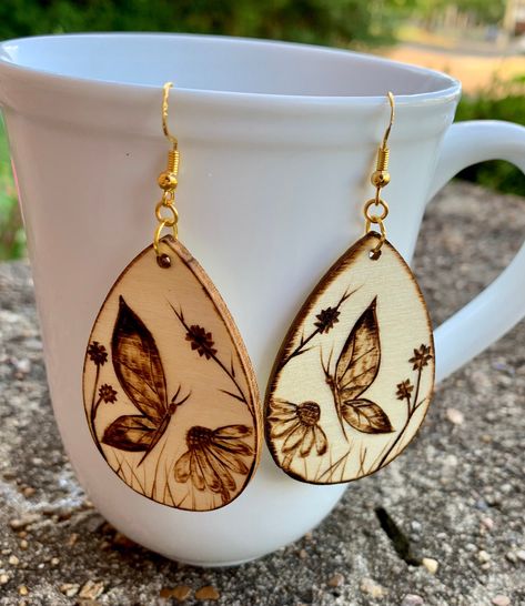 Excited to share this item from my #etsy shop: Butterfly earrings, wood burned earrings, teardrop wood earrings, wood earrings, dangle earrings, hypoallergenic Best Wood Burning Tool, Pyrography Jewelry, Wood Burned Earrings, Simple Drawing Ideas, Beginner Wood Burning, Wood Burning Tips, Wood Jewelry Diy, Wood Burning Patterns Stencil, Wood Burn Designs