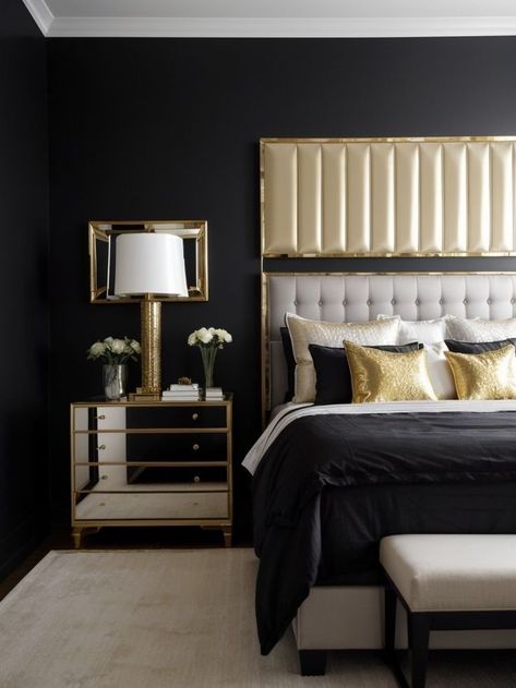 Bedroom Aesthetic For Men, Royal Bedroom Aesthetic, Gold Accent Wall Bedroom, Modern Black Nightstand, Black Accent Wall Ideas, Scandinavian Dining Room Decor, Aesthetic For Men, Velvet Tufted Headboard, Black Gold Bedroom