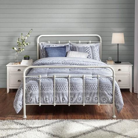 White Iron Beds, White Metal Bed Frame, Wrought Iron Bed Frames, White Metal Bed, Farmhouse Style Bedding, Steel Bed Frame, White Bed Frame, Iron Bed Frame, Farmhouse White