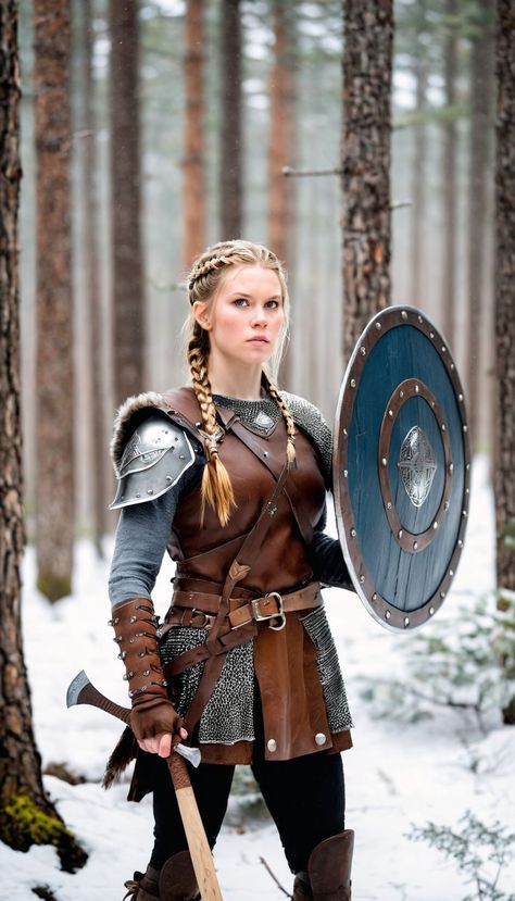 A determined Viking shieldmaiden stands ready for battle in a snow-covered forest, her braided hair adorned with bone beads. Clad in leather armor with metal accents, she wields a round shield and a battle axe, her breath visible in the cold air. This striking scene captures the beauty and danger of a warrior prepared for combat amidst the quiet wilderness. #VikingWarrior #Shieldmaiden #NorseMythology #EpicFantasy Viking Shieldmaiden, Round Shield, Shield Maiden, Leather Armor, Viking Warrior, Braided Hair, Bone Beads, Pine Forest, Metal Accents