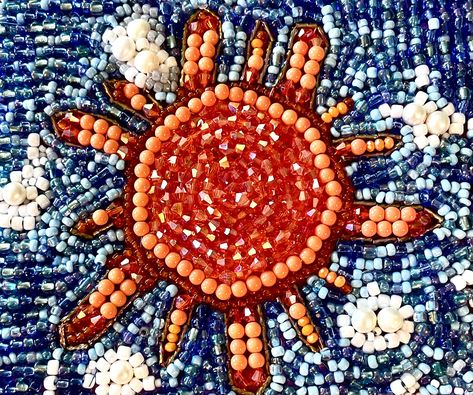 Beaded Sun hand stitched by Judy Kraus Sun Bead Embroidery, Sunrise Colors, Bead Embroidery Patterns, Sun Art, Random Art, Embroidery Jewelry, New Crafts, Bead Embroidery, Bead Weaving