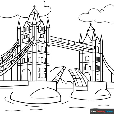 Free London Tower Bridge Coloring Page for Kids Tower Bridge London Drawing, Tower Of London Drawing, London Bridge Drawing, Landscape Drawing Easy, Bridge Drawing, London Drawing, London Tower Bridge, Easy Drawing Guides, London Tower