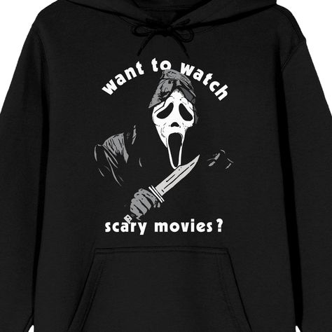 Make any night feel like movie night when you wear this men's graphic hoodie! The Ghostface sweatshirt features a big bold image of the iconic movie villain along with the words "Want To Watch Scary Movies?" that has been professionally printed to outlast any adventure life throws your way. An attached hood with drawstring provides extra warmth in cold weather. Made of 60% cotton and 40% polyester, the black Ghostface fan apparel can be machine washed with like colors, then tumble dried for easy Adventure Life, Black Hoodie Men, Black Hooded Sweatshirt, Camo Men, Ghost Face, Halloween Sweater, Halloween Hoodie, Iconic Movies, Scary Movies