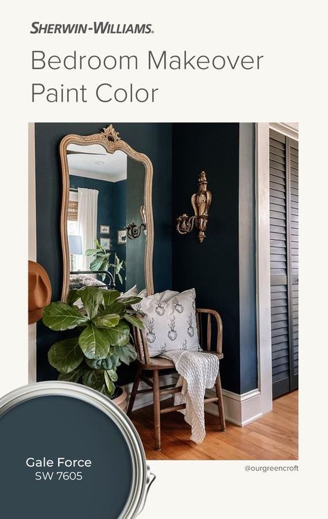 The moody, dark blue of Sherwin-Williams Gale Force SW 7605 will wrap you in its cool, saturated embrace. Pair this color with a warm taupe to soften its power or with a cool white hue to help it stand out. Tap this pin to order FREE color chips and try this look in your space. (Photo courtesy: @ourgreencroft on Instagram.) #SWColorLove #SherwinWilliams #DIY #InteriorDesign #Color #Inspiration #Paint #Decor #HomeImprovement #HomeDecor #BluePaint #BlueColor Sherwin Williams Gale Force, Bedroom Paint Color Inspiration, Bohemian Bungalow, Witchy Cottage, Paint Decor, Cottage Vibes, Paint Inspo, Dream Master, Paint Color Inspiration