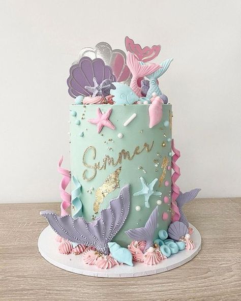 Mermaid Theme Cake Design, Chocolate Mermaid Cake, Birthday Cake Mermaid Theme, Mirmade Cake, Buttercream Mermaid Cake, Mermade Cake, Mermaid Cake Buttercream, Cake Designs Birthday Kids Girl, Rainbow Mermaid Cake