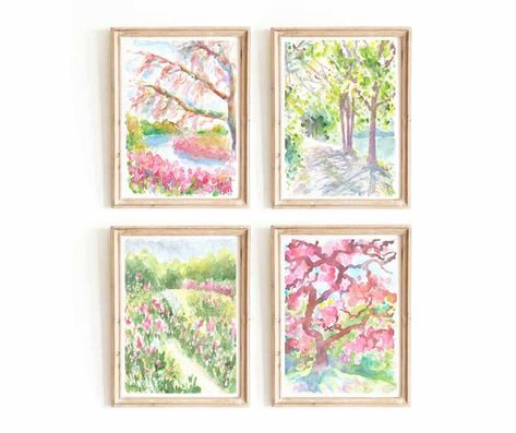 OksanaMDesigns - Etsy Australia Summer Flowers Garden, Trees Print, Garden Watercolor, Blooming Trees, Flower Landscape, Forest Wall Art, Watercolor Trees, Green Wall Art, Tree Wall Art