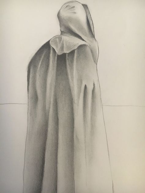 Drawing I did of a cloaked figure from behind. Person In A Cloak Drawing, Behind Drawing Reference, Hooded Figure Drawing, Cloaked Figure Drawing, Aot Poses, Hooded Figure Illustration, Mysterious Hooded Figure Art, Hooded Character Art, Mysterious Cloaked Figure Art