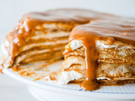 Get this all-star, easy-to-follow Salted Caramel Apple Crepe Cake recipe from Food Network Apple Crepes, Crepe Cake Recipe, Pumpkin Spice Treats, Roasted Apples, Crepe Cake, Pumpkin Caramel, Crepe Recipes, Caramel Flavoring, Caramel Apple