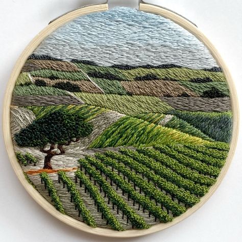 Cassandra Dias, California Vineyard Cassandra Dias has made changing career look easy. Having discovered embroidery on Instagram, she learned and practised the stitches, experimenting and developing an impressionist style of painting with thread. The vineyards, rivers and mountains of her native southern California were her inspiration – now she’s an expert embroiderer with her own impressive social media following. Landscape Embroidery, Miniature Landscape, Miniature Embroidery, Artist Interview, Thread Painting, Mark Twain, Silk Screen Printing, Embroidery Inspiration, Embroidery And Stitching