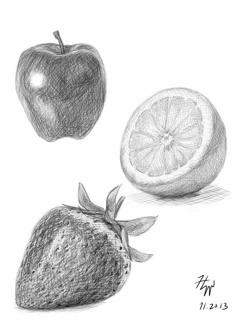 Cross hatching study- fruits by Hwang3D Cross Hatching Drawing Easy, Cross Hatching Drawing Objects, Cross Hatching Practice, Line Shading Drawing Cross Hatching, Cross Hatching Still Life, Cross Hatching Drawing, Hatching Cross Hatching, Hatching Drawing, Hatch Lines