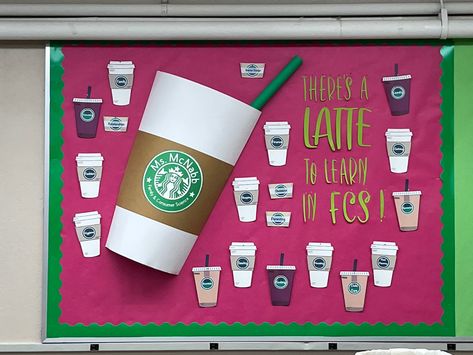 Coffee Door Decorations Classroom, Coffee Bulletin Board Classroom, Coffee Cup Bulletin Board, Coffee Theme Bulletin Board, Coffee House Theme Party, Latte Bulletin Board Ideas, Starbucks Bulletin Board Ideas, Coffee Shop Bulletin Board Ideas, Starbucks Bulletin Board