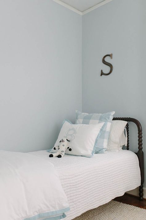 Blue Lace Paint, Light Blue Boys Bedroom, Gray Room Paint, Pale Blue Paint Colors, Blue Grey Rooms, Jenny Lind Twin Bed, Pale Blue Bedrooms, Little Boy Room, Light Blue Paint Colors