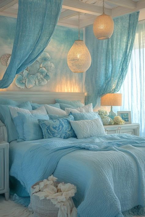 Sea Themed House, Cozy Beachy Bedroom, Blue Loft Bedroom, Beach Theme Bedroom, Ocean Inspired Bedroom, Beach House Room, Beach Room Decor, Beach Themed Bedroom, Mermaid Bedroom