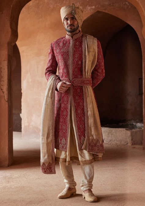 Nitika Gujral Men-Red Matka Silk Embroidered Sherwani Set-INDIASPOPUP.COM Barat Outfit, Red Sherwani, Indian Groom Outfit, Nikkah Outfit, Indian Groom Dress, Beige Kurta, Embroidered Sherwani, Groom Pose, Sherwani Groom