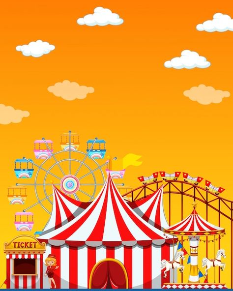 Amusement park scene at daytime with bla... | Free Vector #Freepik #freevector #funfair #circus #fair #sun-cartoon Adobe Illustrator Portrait, Park Scene, Templates Free Design, Yellow Sky, Fun Fair, Carnival Themes, Art Fonts, Day And Time, Diy Wedding Decorations