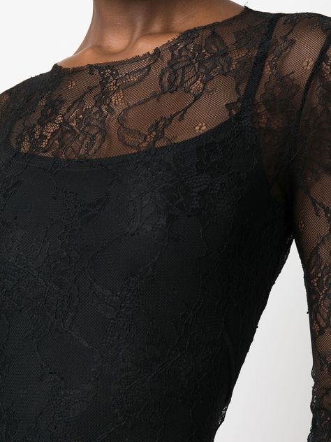 sheer floral-lace top from JUST CAVALLI featuring black, sheer coverage, floral-lace detailing, round neck, long sleeves and straight hem. | Just Cavalli Sheer Floral-Lace Top Floral Lace Tops, Marine Serre, Graphic Logo, Just Cavalli, Logo Tees, Floral Lace, Lace Top, Dolce And Gabbana, Round Neck