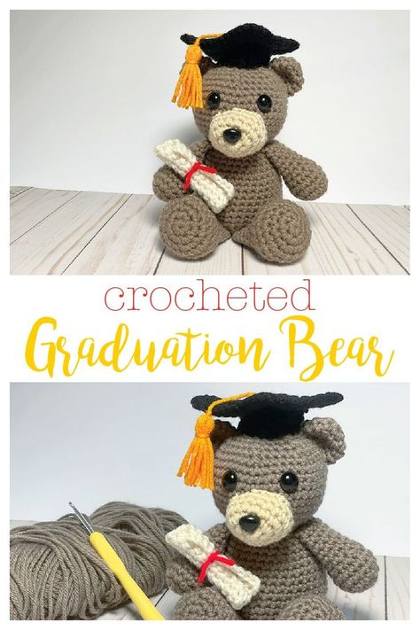 This cute crocheted bear sits about 7" tall and has a graduation cap and a diploma. The head and body are crocheted in one piece, the other pieces are made separately and sewn on. Customize the tassel and ribbon to match your grad's colors. Crochet Ideas For Graduation, Crochet Mini Graduation Cap, Crochet Graduation Bear Free Pattern, Graduation Hat Crochet Free Pattern, Graduation Cap Crochet Pattern, Crochet Graduation Cap Free Pattern, Graduation Hat Crochet, Crochet Graduation Bear, Graduation Crochet Pattern Free