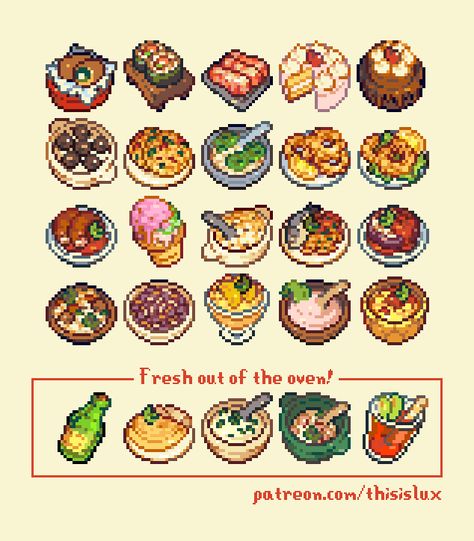 Lux on Twitter: "the new menus are in! only 25 more items until my stardew valley food mod is complete! 🥣🍲🥤… " Stardew Valley Food, Pixel Art Food, Piskel Art, 귀여운 음식 그림, Arte Do Kawaii, Pixel Art Tutorial, Cool Pixel Art, Pixel Drawing, 강아지 그림