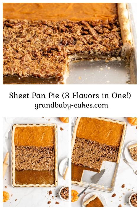 Four Flavor Sheet Pan Pie, 4 Pies On One Sheet Pan, Fall Sheet Pan Desserts, Sheet Pan Pies, Sheet Pan Pie, Pecan Pumpkin Pie, Sweet Potato Pie Filling, Slab Pies, Pan Desserts