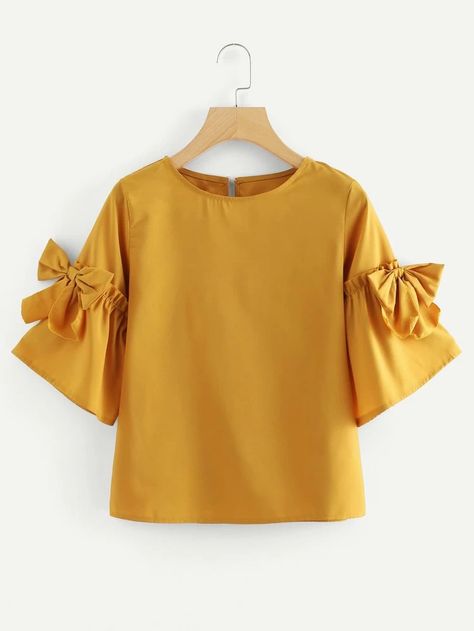 Bow Detail Flounce Sleeve Keyhole Back Blouse | SHEIN USA Top Blouse Designs, Fashionnova Model, Party Wear Top, Blouse Tops Designs, Girls Clothes Patterns, Yellow Clothes, Girls Dresses Sewing, Organza Blouse, Girls Frock Design