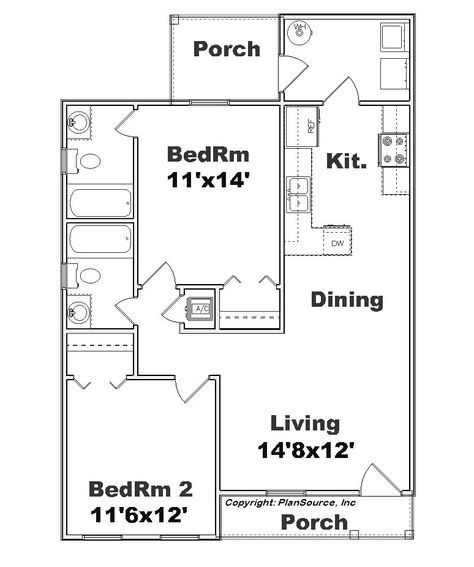 C891 floor plan | 2 bed 2 bath | plansourceinc.com 2 Bedroom 1000 Sq Ft House Plans, 2 Bed Bungalow Floor Plan, 2 Bedroom In Law Suite Addition, 2 Bed 2 Bath Floor Plan, Small 2 Bedroom House, Small House Communities, 2 Bedroom House Plan, 900 Sq Ft House, Loft Plans