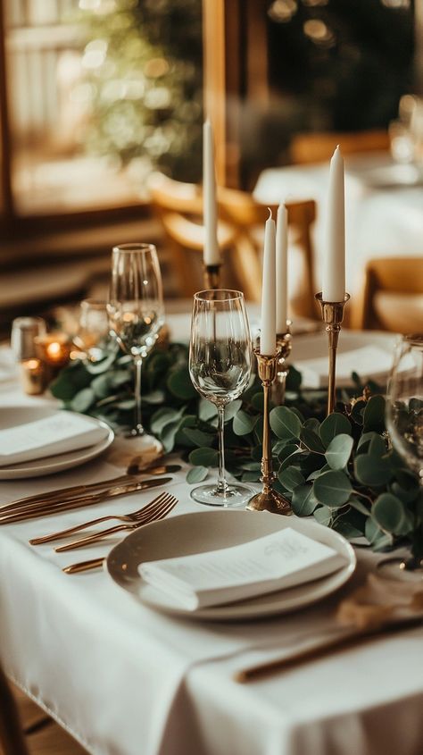 Elegant minimalist wedding table with eucalyptus garlands, white plates, gold cutlery, and candles in a boho-inspired setting. Green White Christmas Table, Eucalyptus Dining Table Decor, Table Greenery Wedding, Christmas Table Arrangements, Folded Napkins, Gold Table Setting, Vintage Table Setting, Christmas Party Table, Festive Table Setting