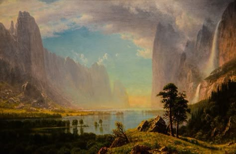 Albert Bierstadt - Yosemite, 1870 at Denver Art Museum - D… | Flickr Landscape Widget, Bierstadt Paintings, Albert Bierstadt Paintings, Hudson River School Paintings, Western Core, Dining Painting, Melting Clocks, Maxfield Parrish, Master Studies