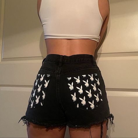 PACSUN x PLAYBOY Bunny Denim Shorts -size 24, black Playboy Bunny Clothes, Yeji Stage Outfit, Yeji Stage, Bunny Pjs, Bunny Clothes, Pacsun Pants, Bunny Stuff, Bunny Outfit, Clothes Wishlist